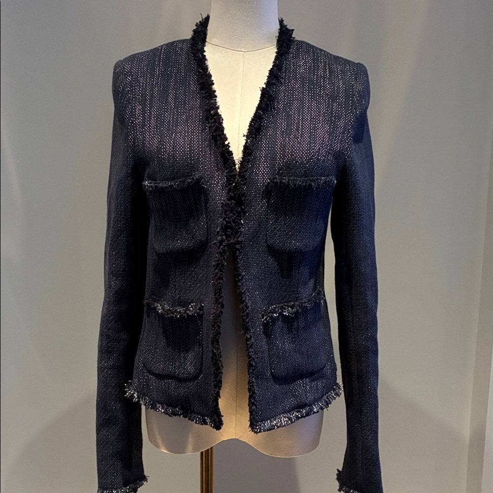 L'AGENCE Navy Textured Blazer with Fringe